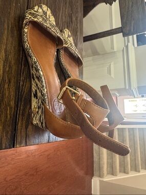 Ankle Strap Wedge Sandal in Tan with Animal Print by Tory Burch